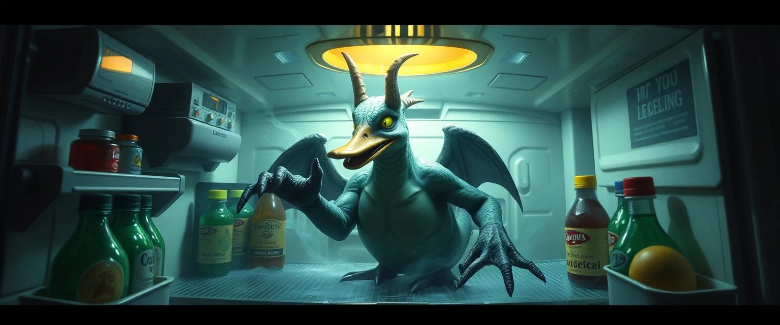 final buss duck demon in the fridge in the style of fantasy art