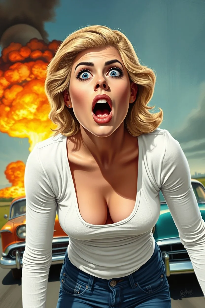 an young woman leaning forward(cropped from between nose and hips, white top with wide neck opening, cleavage, hands at side of face, with surprised shocked expression, home alone scream, blonde wavy hair), nuclear explosion and 1950s Cars in background, greaser, digital painted illustration