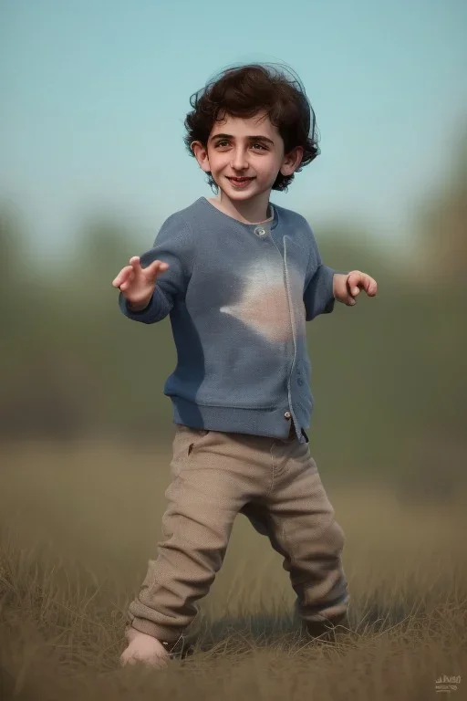 Timothee chalamet toddler, full body, jump, bokeh, hyper realistic