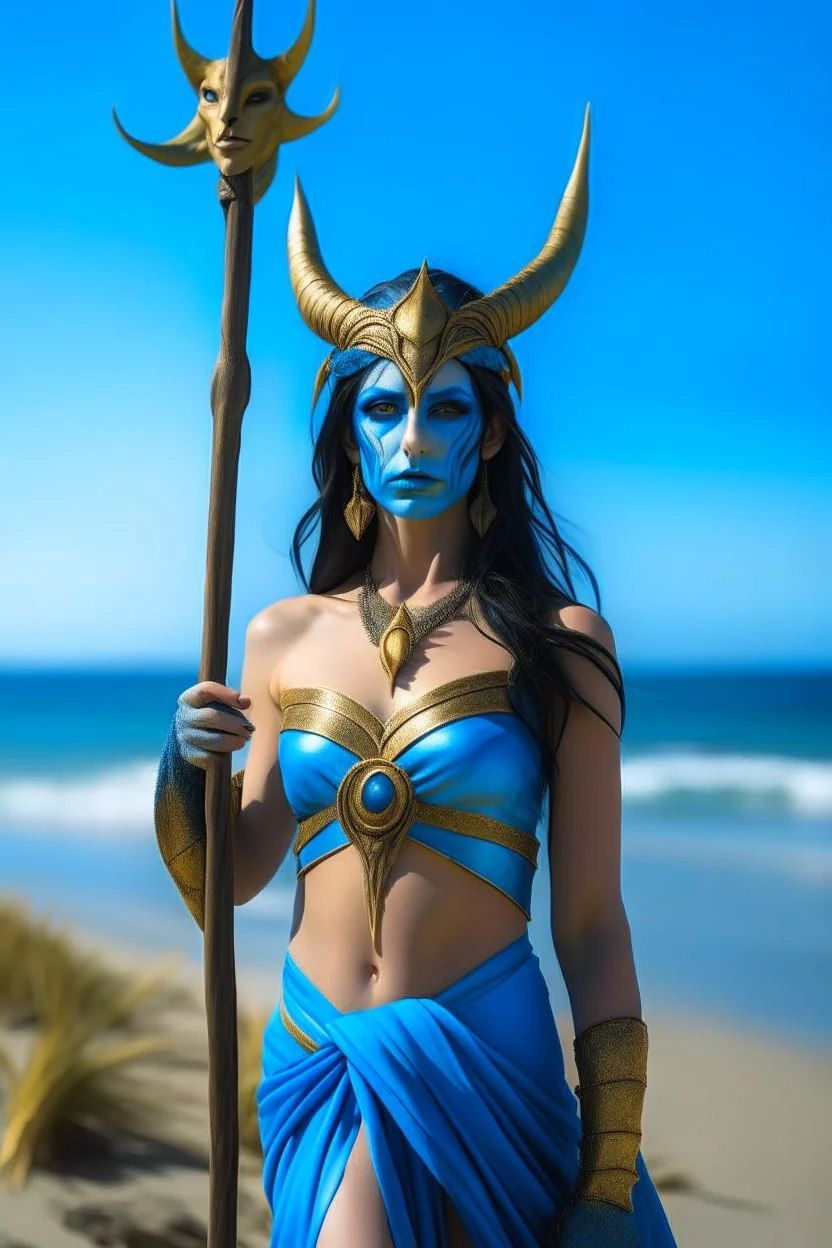 A picture of a beautiful "blue" faced indian goddess with skin painted blue, "blue painted body", blue painted torso, wild black hair, stag antlers, elven ears, golden skirt, holding a staff on a sunny beach