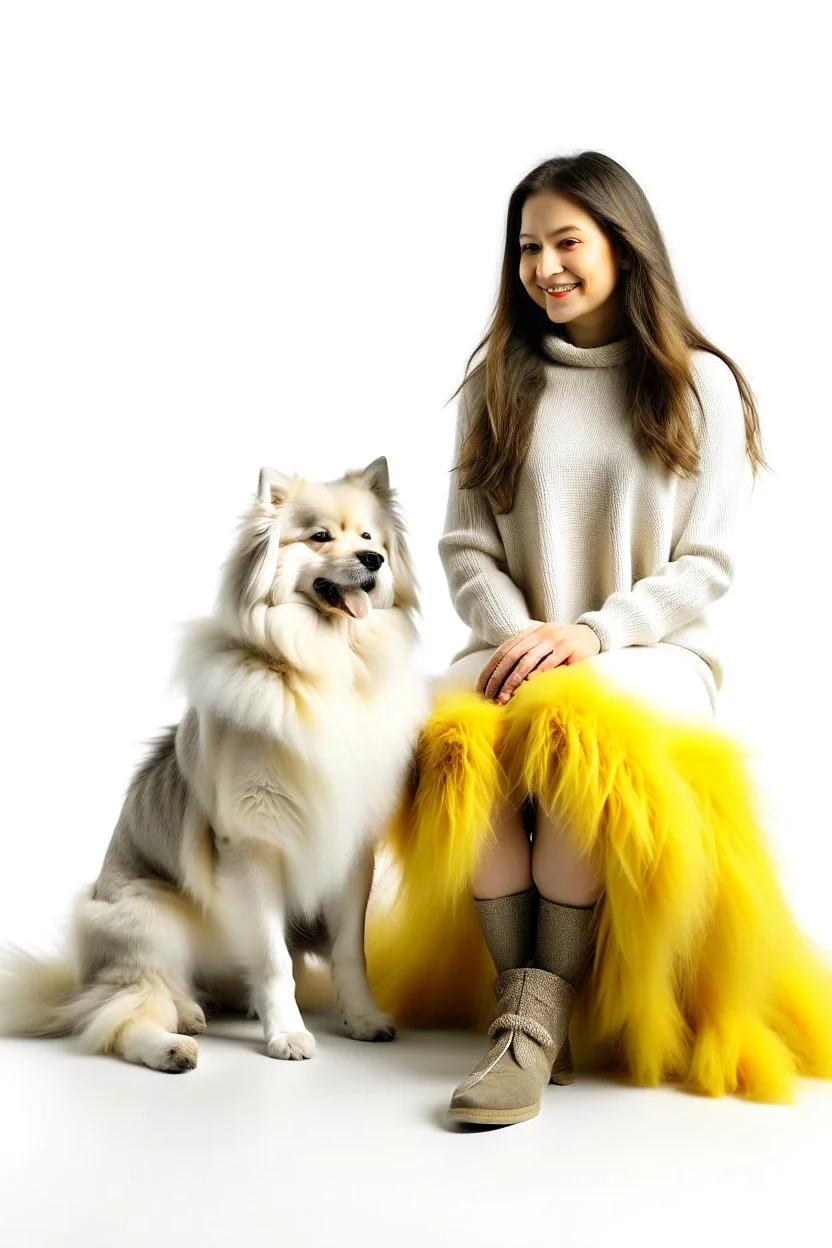 huge white dog in a feather dress, next to a girl in a yellow sweater, a gray skirt, white stockings and black shoes, both facing the front in the photo. white background, 16K, real photography, portrait.