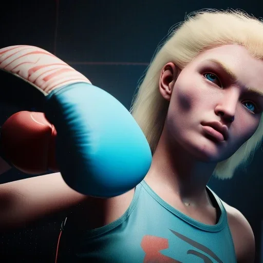 Cyberpunk blonde cyborg girl boxing in the ring unreal 5, octane render,cinema4d, dynamic lighting, 8k, redshift render, highly, hyperrealism ultra detailed, hyper realistic.