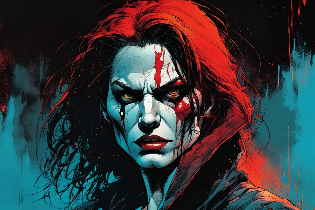 create a highly ethereal, sinister full body portrait illustration of a ragged Brujah female vampire , with highly detailed and deeply cut facial features, in the comic art style of FRANK MILLER and BILL SIENKIEWICZ, searing lines and forceful strokes, precisely drawn, boldly inked, with vibrant colors, dramatic otherworldly lighting