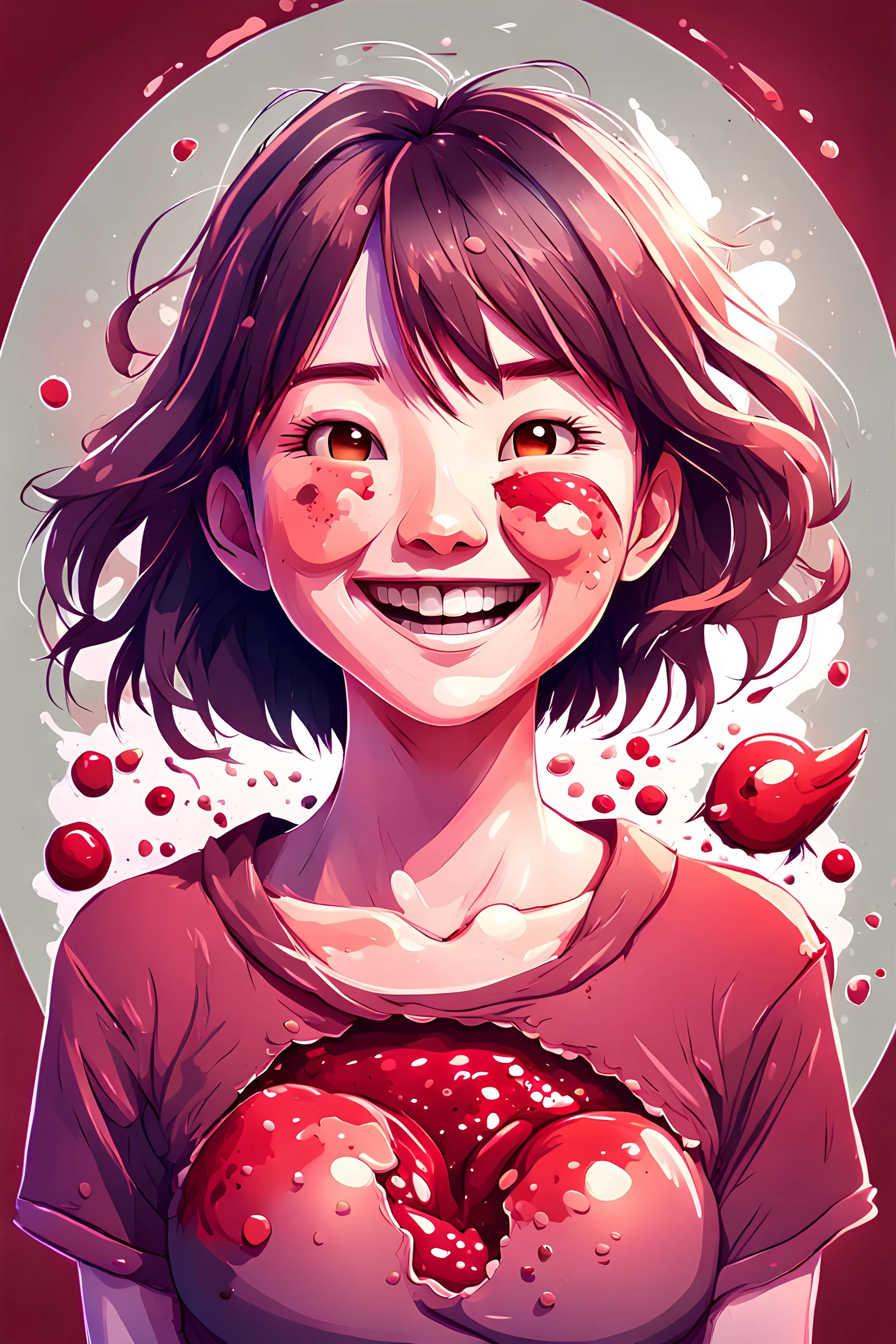 A detailed illustration Anime girl smiling crushed inside really darkred fleshy stomach filled with digestive juices, t-shirt design, in the style of Studio Ghibli, pastel tetradic colors, 3D vector art, cute and quirky, fantasy art, watercolor effect, bokeh, Adobe Illustrator, hand-drawn, digital painting, low-poly, soft lighting, bird's-eye view, isometric style, retro aesthetic, focused on the character, 4K resolution, photorealistic rendering, using Cinema 4D, vector logo, vector art,