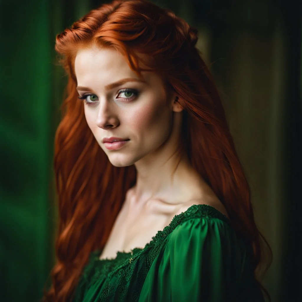 Portrait of a young girl aged 18, long red hair and green eyes