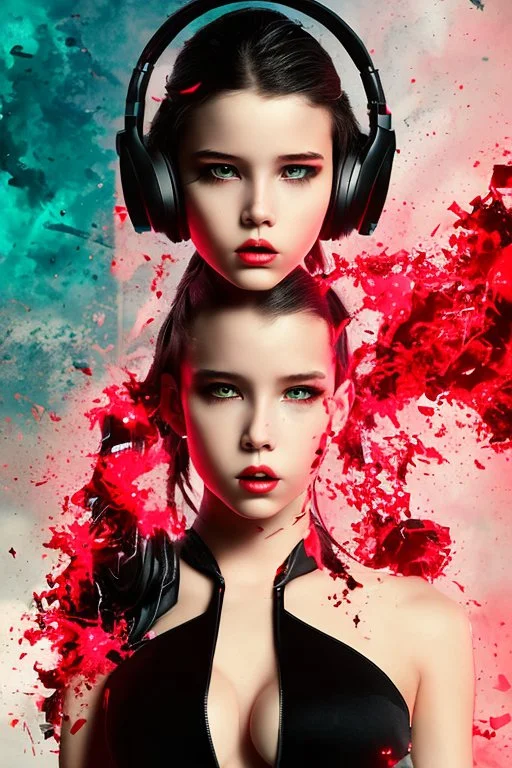 avatar portrait cute cyber Figure face as Isabella Hayes in a provocative pose,wearing headphones, Raw, gritty, Gothic, t-shirt design, Dark reds and blacks, bright, bloody neon, background Distorted or blurred splash, imagery that suggests violence and chaos, t-shirt design, 3D vector art, Defiant, rebellious, aggressive, fantasy art, watercolor effect, bokeh, Adobe Illustrator, hand-drawn, digital painting, low-poly, soft lighting, bird's-eye view, retro aesthetic, focused on the character