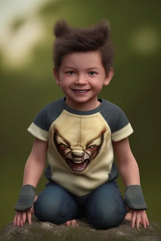 Wolverine toddler, full body, smile, bokeh, hyper realistic