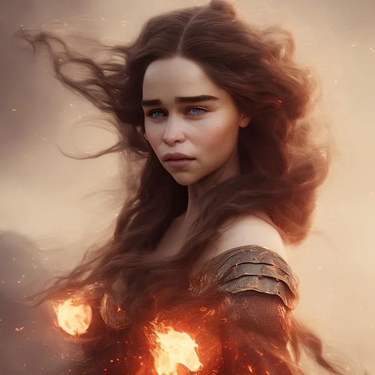 portrait only a wonderfull emilia clarke, viking fantasy, big curves, voluminous long black hair, fire and fog particles, 55 mm