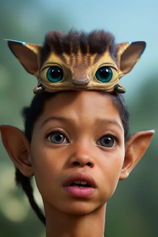 Neytiri toddler, full body, angry, bokeh, hyper realistic