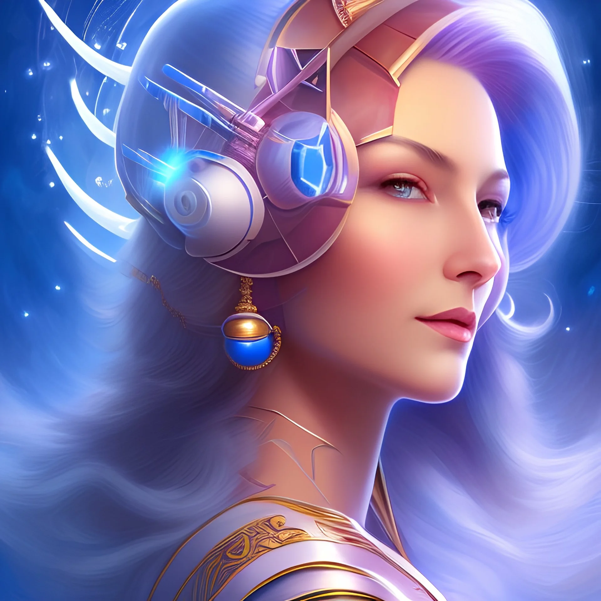 Portrait young woman cosmic admiral from the future, one fine whole face ,large cosmic forehead,crystalline skin, expressive blue eyes, blue hair, smiling lips, very nice smile, costume pleiadien