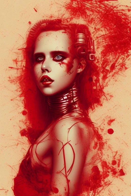 Danish singer MØ face,Abstract steampunk, red tones,