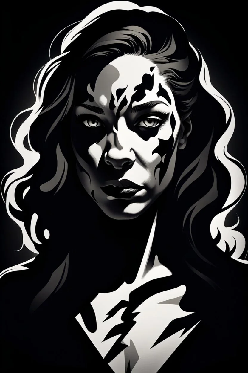 portrait of a women-panther mutant , monocrome color , amorphe dark-white shapes and shadows in background, high contrast, detailed, dark , noir, thriller, deep dark colors, gloomy, cinematic