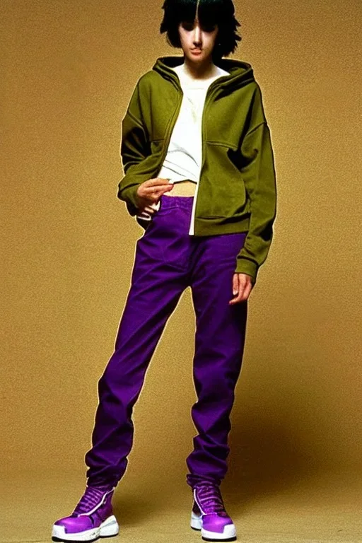 year 1999 women fashion, Techno, rave, Loose, straight, suit, low waist light trousers, t-shirt, new kind of hoodie with high tippet, which goes down along zipper! Colors: all denim colors, purple, khaki, light green, lilac, plum, orange, terracotta, red, pink, dark blue, beige. Patterns: lynx, balls, stripes. lynx belt. starling or owl prints. Women models. Sharon Stone, Sandra Bullock, Winona Ryder, Milla Jovovich, Big tennis shoes on. Latex, denim and leather e.g. in Leg warmers.