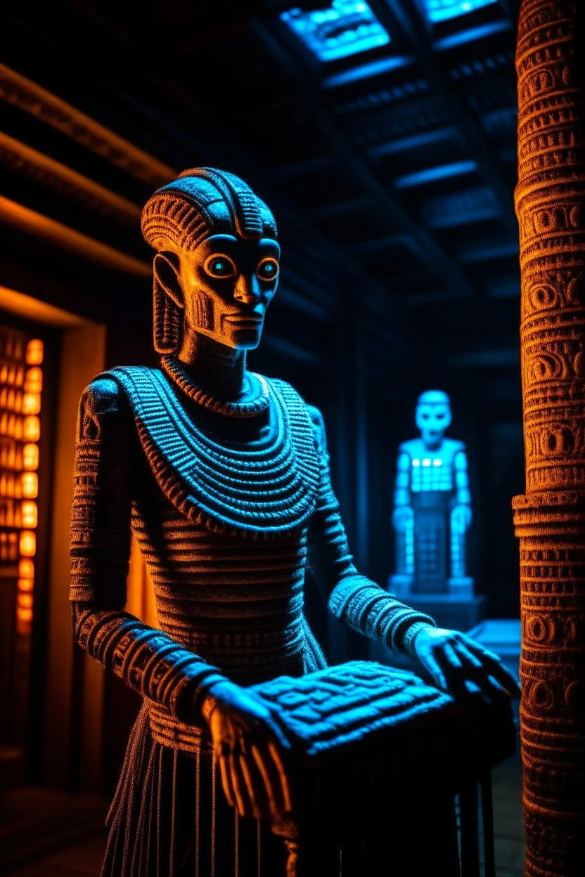 neon ancient Tezcatlipoca watcher celestial mummy charcoal robot in forbidden obsidian chariot, ancient prison cell hall background, guards, stares at us like we are the prettiest demon it has ever seen, its such a perfect day i am glad i spent it with you, motion blur, smoke, 8k, downlight, soft light, depth of field, photorealism, trending on art station, lotsa detail