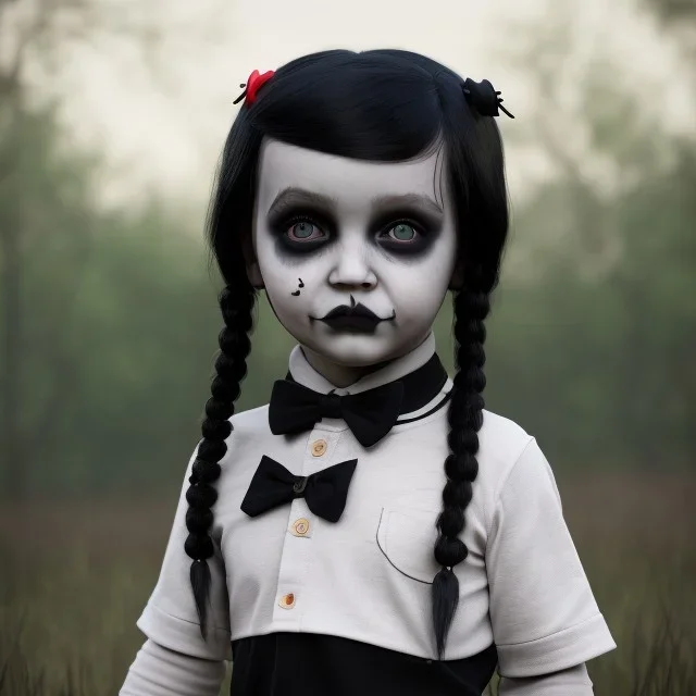 toddler, full body, -clothing, soft goth libstick, wednesday addams family make up, brad double wig, dramatic lighting, highly detailed, volumetric lighting, unreal engine, 8k