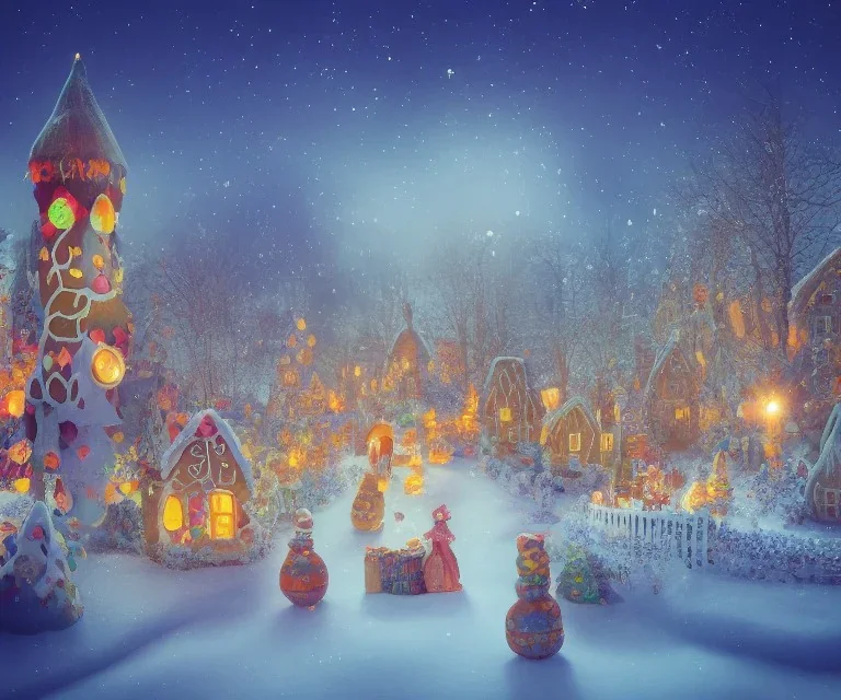 gingerbread candy village, colorful, fantasy, fairytale, intricate, forest, fireflies, flowers, halloween, christmas, hansel and gretel, bokeh, medium shot, visually stunning, depth of field 100mm ( cinematic scene, studio lighting, matte painting, concept art, trending on artstation, artgerm, cgsociety )