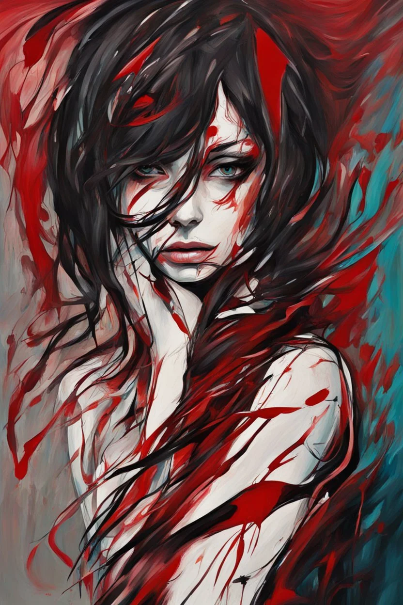 Abstract art, a lonely blooded girl with her