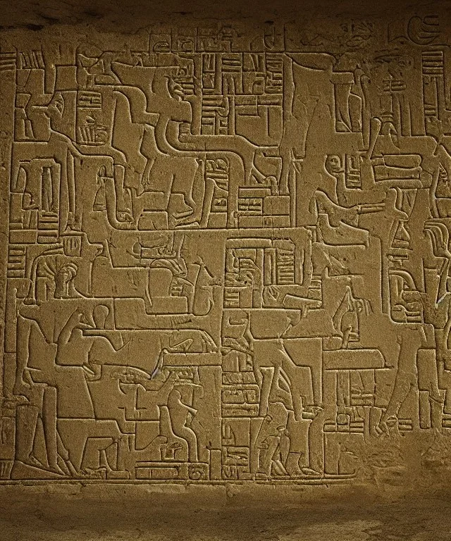 Ancient submerged ruin wall depicting luminescent hieroglyphs