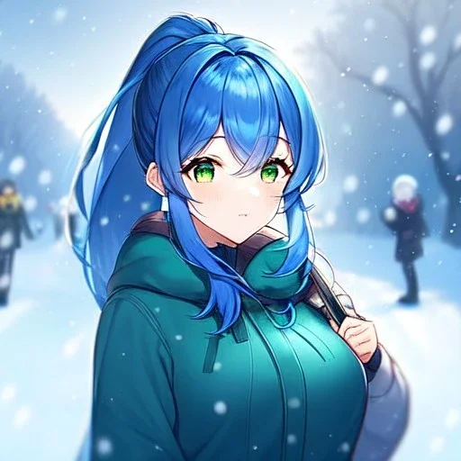 Clear focus, 8k, beautiful lighting, vibrant colors, girl, blue hair, green eyes, ponytail, snowing, winter clothes,