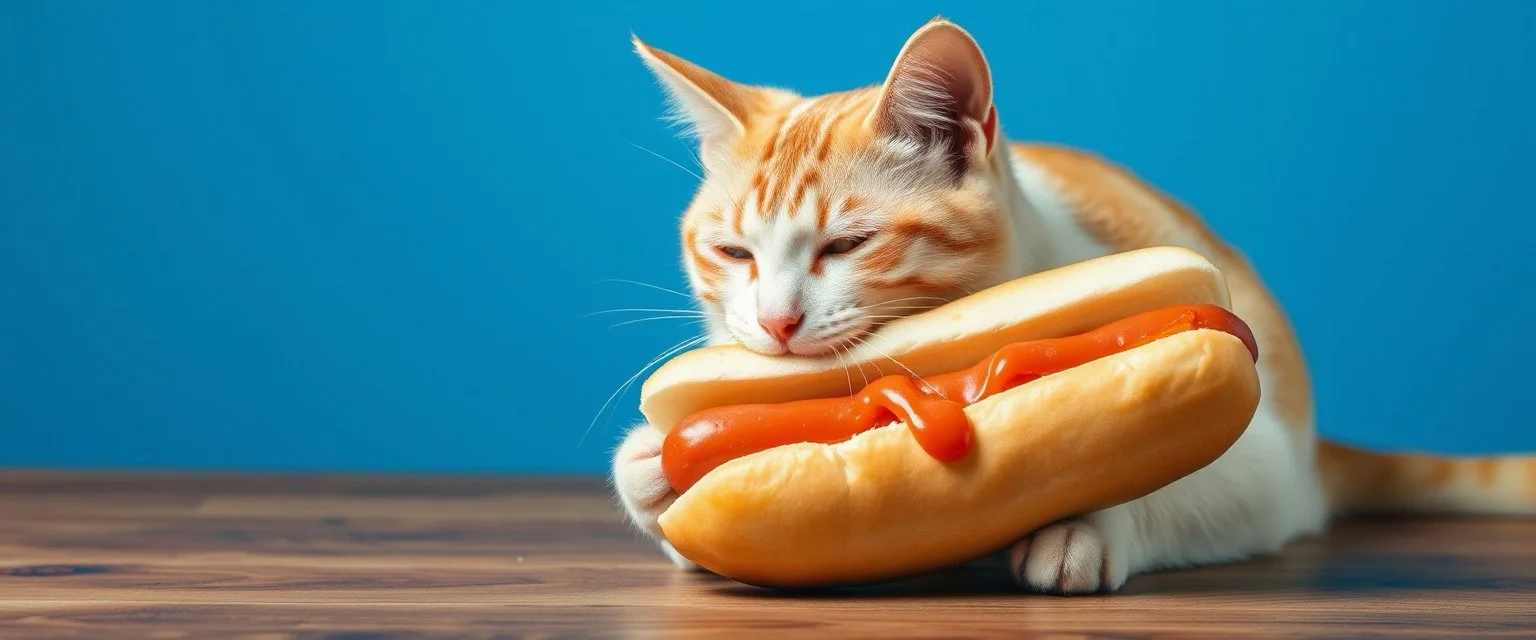cat eating albino hot dog