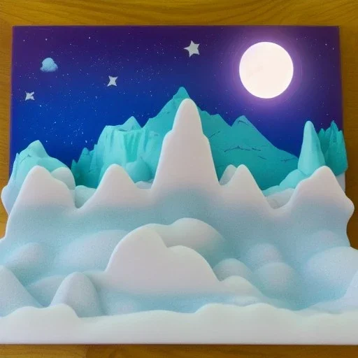 Claymation mountain skyline,Rudolph the red noise reindeer, beautiful, pastel blues and purples, white, aurealis borealis, night, claymation moon, clouds, stars, winter, cartoon