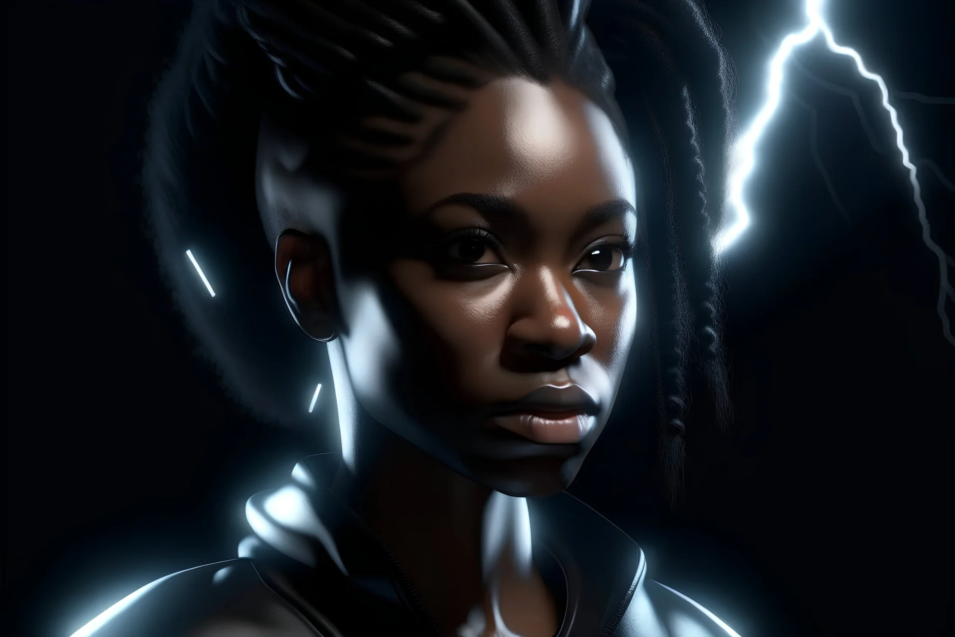 black female agent, secret organization, frontal close up shot, dark mood, dark atmosphere, hyperrealistic 16k, 3d rendering, expressively detailed, dynamic lightning,