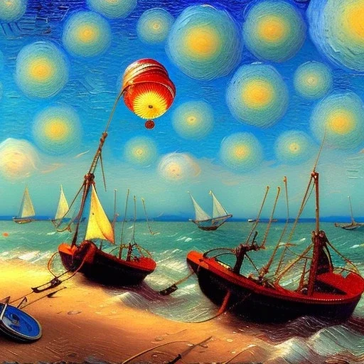 conchas y cangrejos en la orilla de la playa, con nubes, barcas, con estilo de Van Gogh 4k