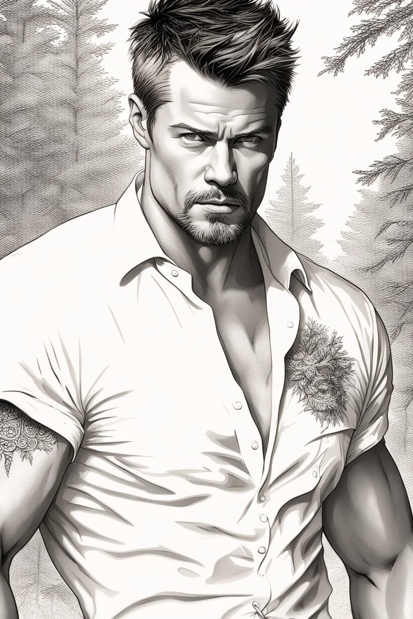 Portait Josh Duhamel as fantasy alpha male very muscular short cropped hair and rough beard, tribal tattoos wearing white button up shirt with rolled up sleeves realistic face, close-up, dark fantasy, fantasy forest, intricate details, hyper detailed, photograph