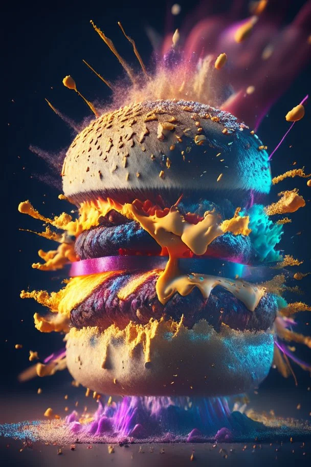 a single coloured burger exploding into dust, extremely detailed dust particle details, natural colours, meticulously intricate perfectly symmetrical extremely detailed, pixiv daily ranking, pixiv, extreme depth of field, artstation, sculpture style, spectacular details, volumetric lighting, masterpiece, cinematic, Hollywood production, 8k resolution, high definition, max octane render, vivid colors, max resolution, unreal engine , max perfectionism, realistic composition, professional photograp