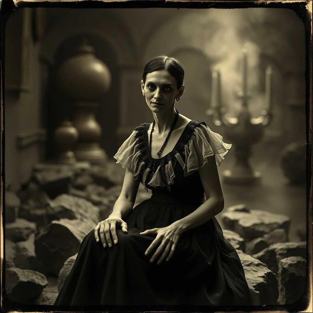 photo, 1920 horror movieshot, sitting, eaging, rocks, very odd objects in background, Ades, stunning photo, persone con sorriso falso e occhi, Charon, tenebroso, macabro, marcio, interno museo, fiotti di liquido nero che zampillano, hypermaximalist, strangeness, sundial light, odd, intricate, Lawrence Alma-Tadema style, albero, hypnotic, very accentuated details of the dress and skin, eerily mysterious, artistic photo, shot on Hasselblad, sadness, follia, smoke, daguerrotype