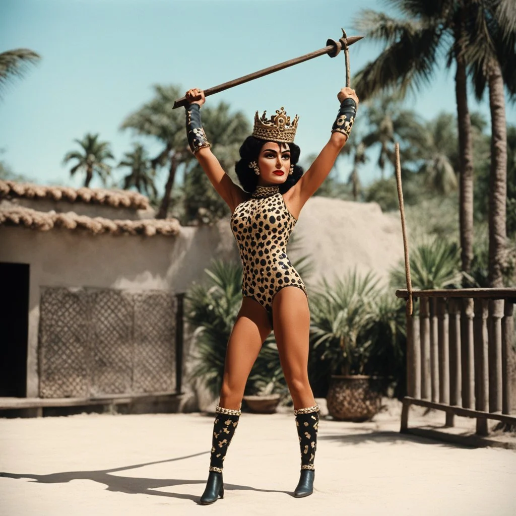 (1960’s stop-motion animation style of las reinas del combate en el suelo in Mexico) She is tied to a stake, in leopard leotard, her hands above her head, in the governor's villa