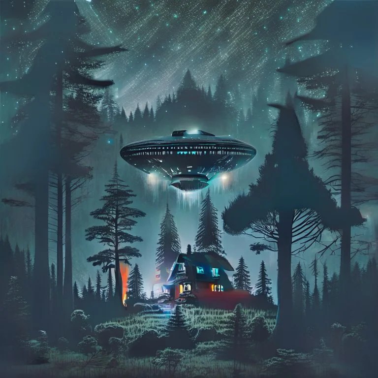 a dark forest with a house in the distance and a ufo in the sky, dark tones