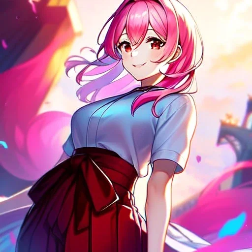 8k, Girl, high quality, detailed, pink hair, red eyes, beautiful lighting, vibrant colors, smiling, hakama