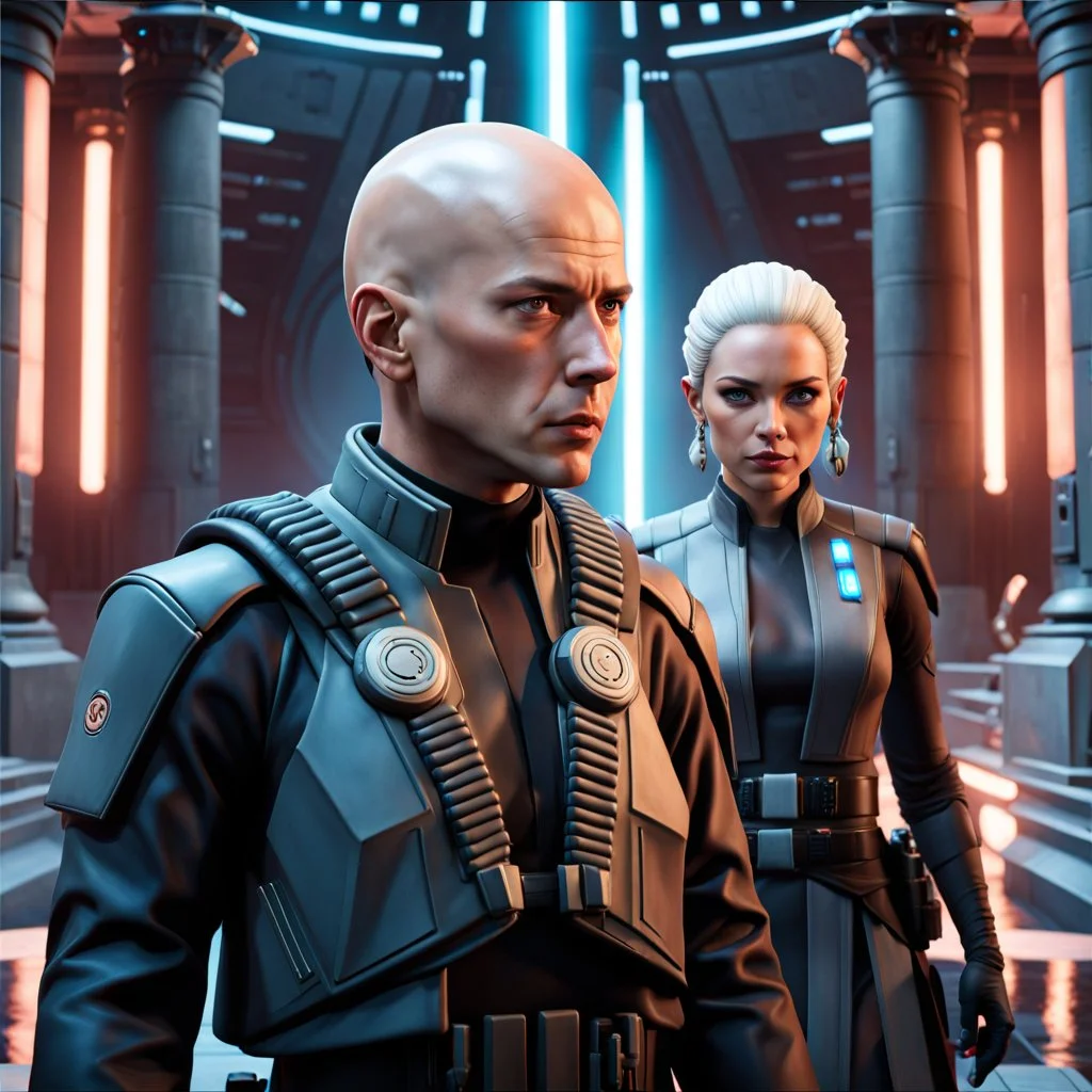 a bold and heroic bald male Corellian pilot in black and metallic grey First Order special forces gear meets a female Jedi Master in ancient, mystical temple, hyperdetailed, dynamic lighting, hyperdetailed background, 8k resolution, volumetric lighting, light skin, fully symmetric details