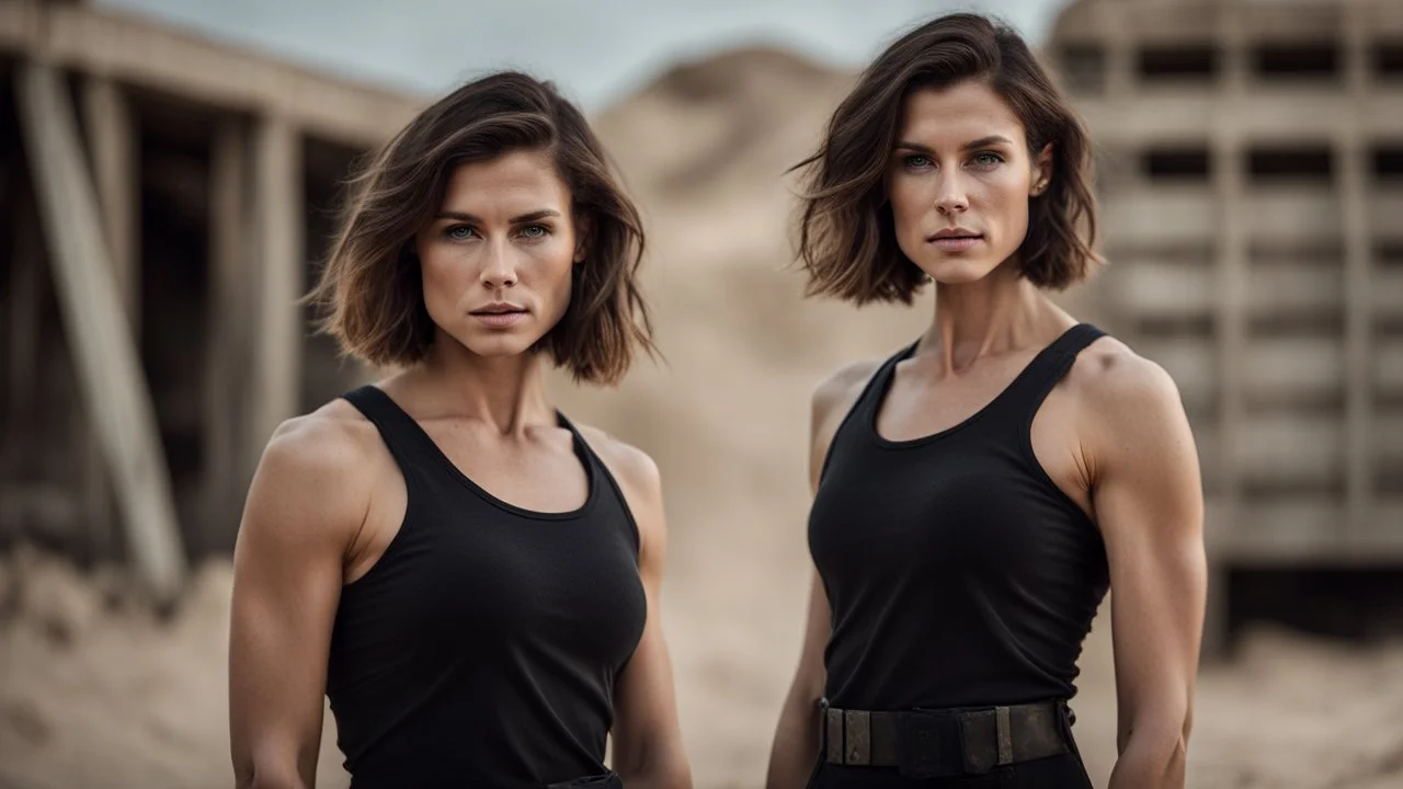 beautiful slender caucasian female technician, black tank top, well toned muscles, weathered face, scratched sand camo metal details, short brunette wavy bob haircut, dystopian, desert scene, using a handheld sensor