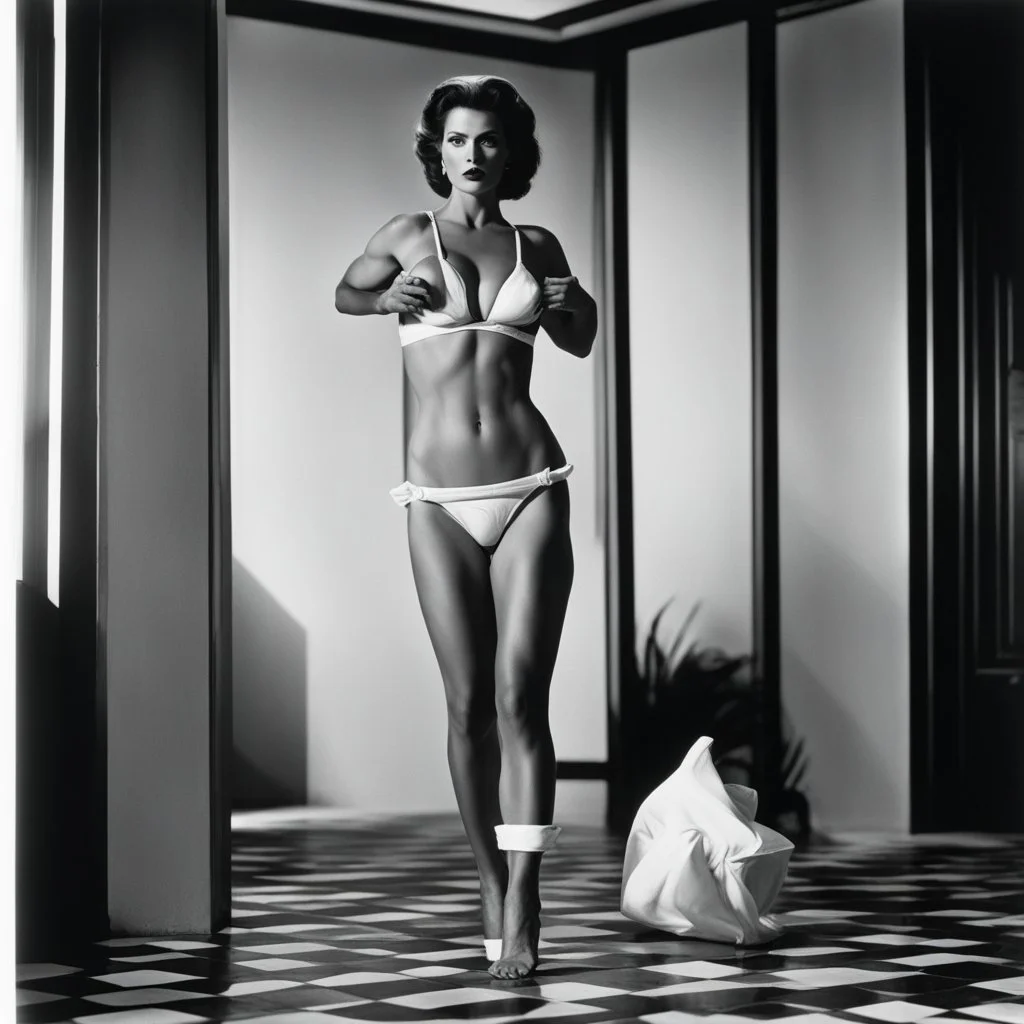 [high res photo by Helmut Newton] an adult powerful female deity in pull-up diapers, in her realm