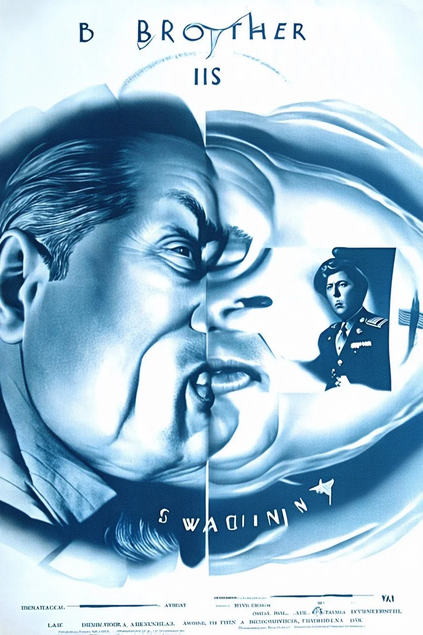 an old poster with "BIG BROTHER"(across top) "IS WATCHING"(across bottom) and the scowling face of a dictator in the middle. wwii era black and white printed poster on old paper