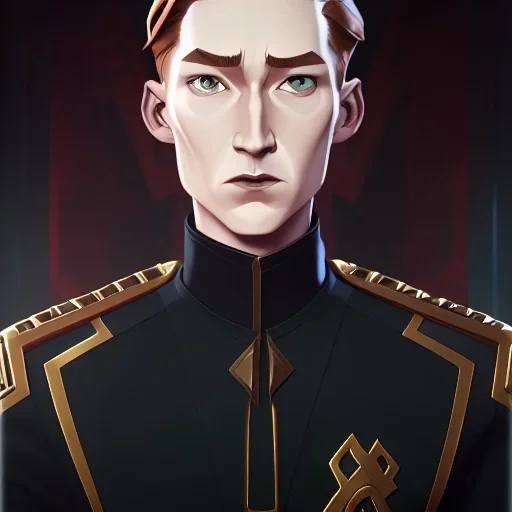 general hux in 3/4 view, wearing a black First Order uniform, serious, imposing figure, thick eyebrows, wearing a black First Order uniform, green eyes, gray background, sepia filter, light coming from the side