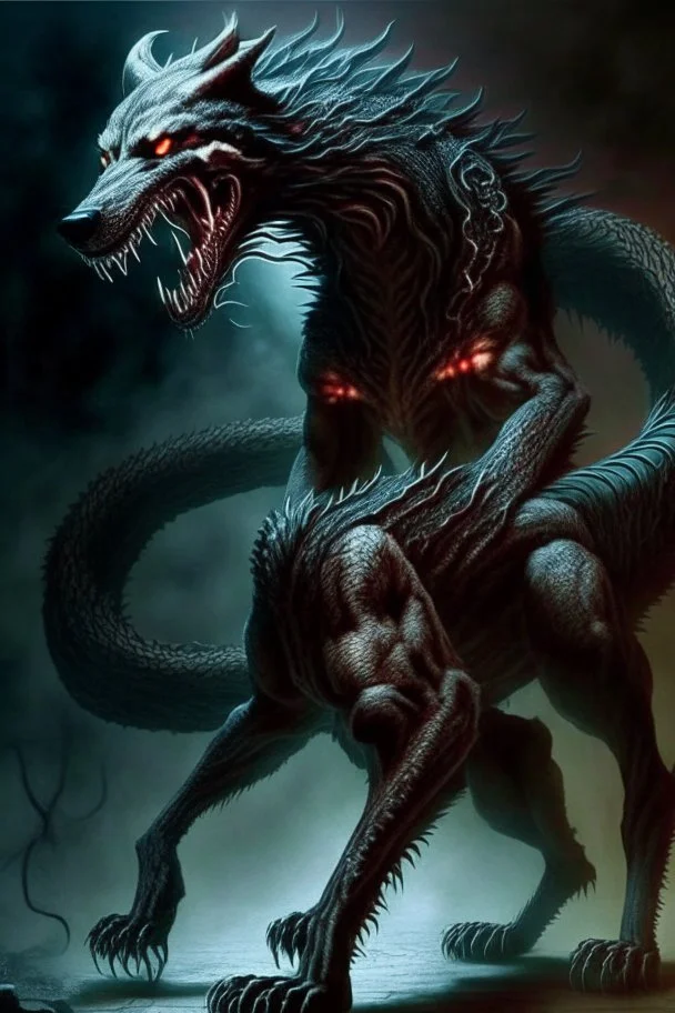 demon huge humanoid wolf with a snake instead of tail