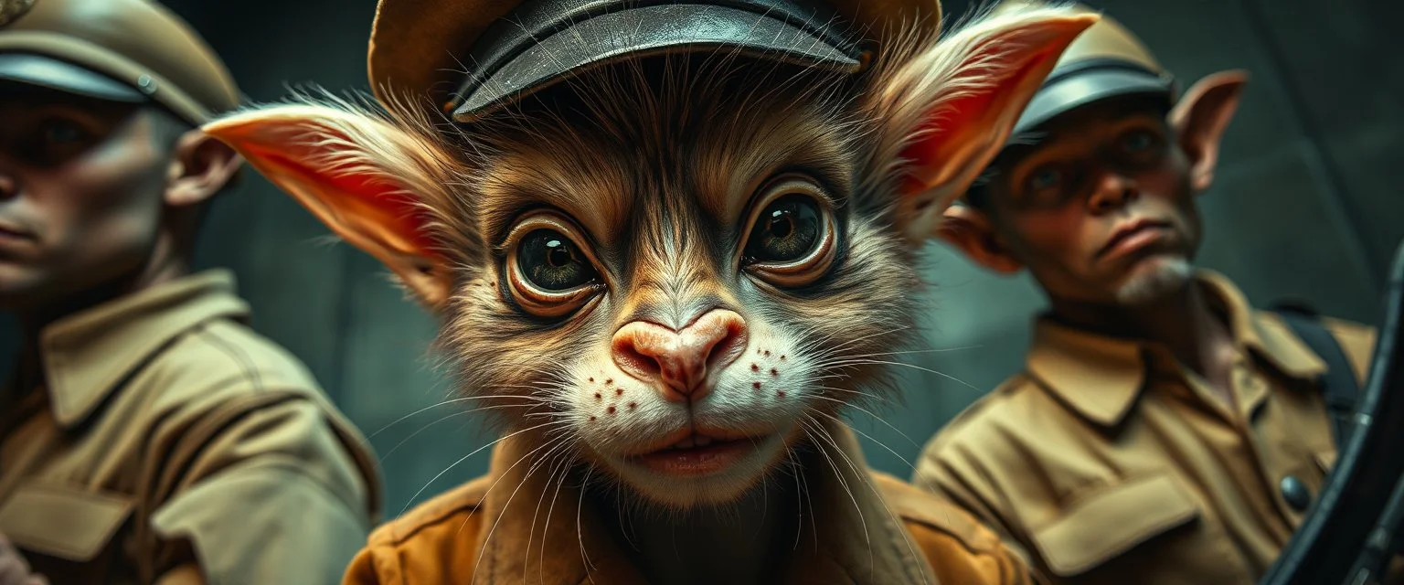 airbrush and pen outline, french art , extreme close up on cheeky fluffy weasel hairy goblin military prison guard troupe news anchor elf family scumbag , pinhole cam, airbrush 3d rendering, in the style of Titian and Rembrandt