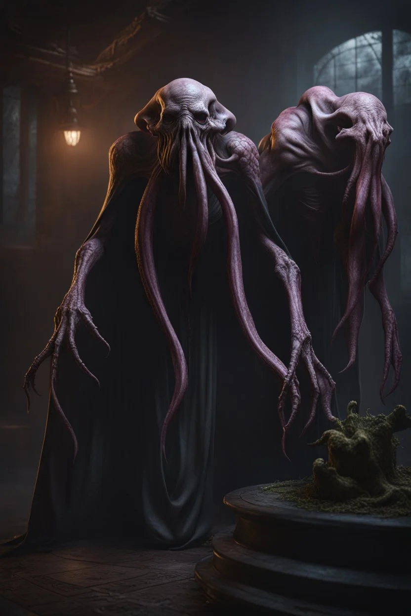 Undead three headed mind flayer. full body shot. fantasy and horror setting, Cinematic lighting, Volumetric lighting, Epic composition, Photorealism, Very high detail, Character design, Unreal Engine, Octane render, HDR, Subsurface scattering, fantasy art,