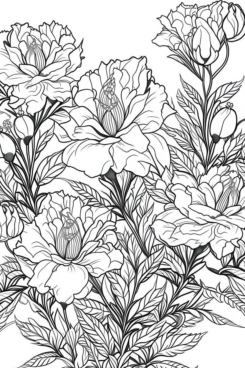 Outline art for coloring page, AVANT GARDE DRAWING OF A GARDEN OF AN FLOWERING AZALEA BUSH, coloring page, white background, Sketch style, only use outline, clean line art, white background, no shadows, no shading, no color, clear