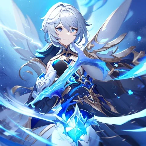 Genshin woman, Clear Focus High resolution, Calm Background, Light skinned woman, Black long beatiful hair, Dark blue sparkling eyes, Very Beatiful Face, Splash art, Battle Scene Epic, Magical Pose