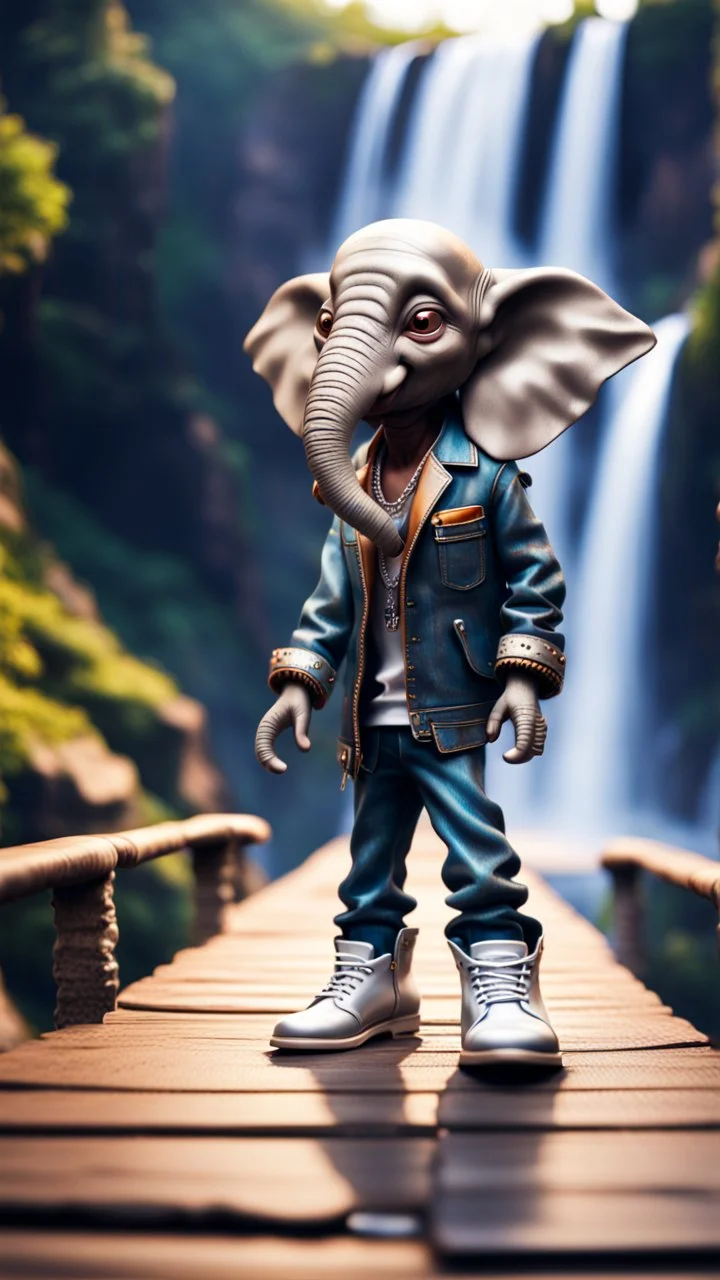 magazine cover, twisted hairy rock star alien gremlin elephant rapper with silver boots as a pimp on wooden bridge going down heavens waterfall,bokeh like f/0.8, tilt-shift lens 8k, high detail, smooth render, down-light, unreal engine, prize winning