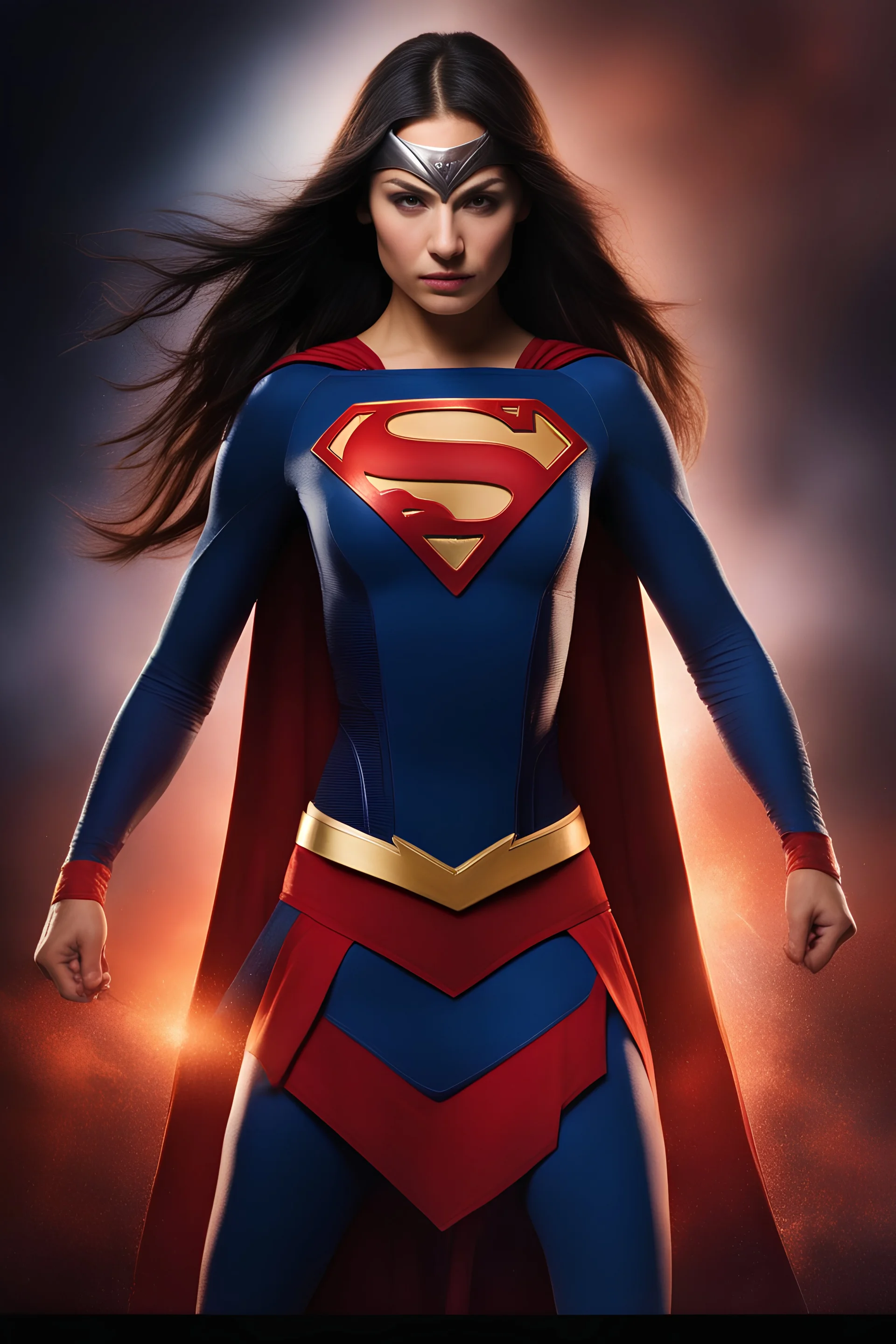 an extremely muscular 18-year-old Leonarda Spockinski Nimoy with long, straight black hair, the bangs cut straight across the forehead, as Bat-Supergirl - gradated Background, professional quality studio 8x10 UHD Digital photograph by Scott Kendall - multicolored spotlight, Photorealistic, realistic stock photo, Professional quality Photograph. colored Fog - Multicolored lightning, 3D heart