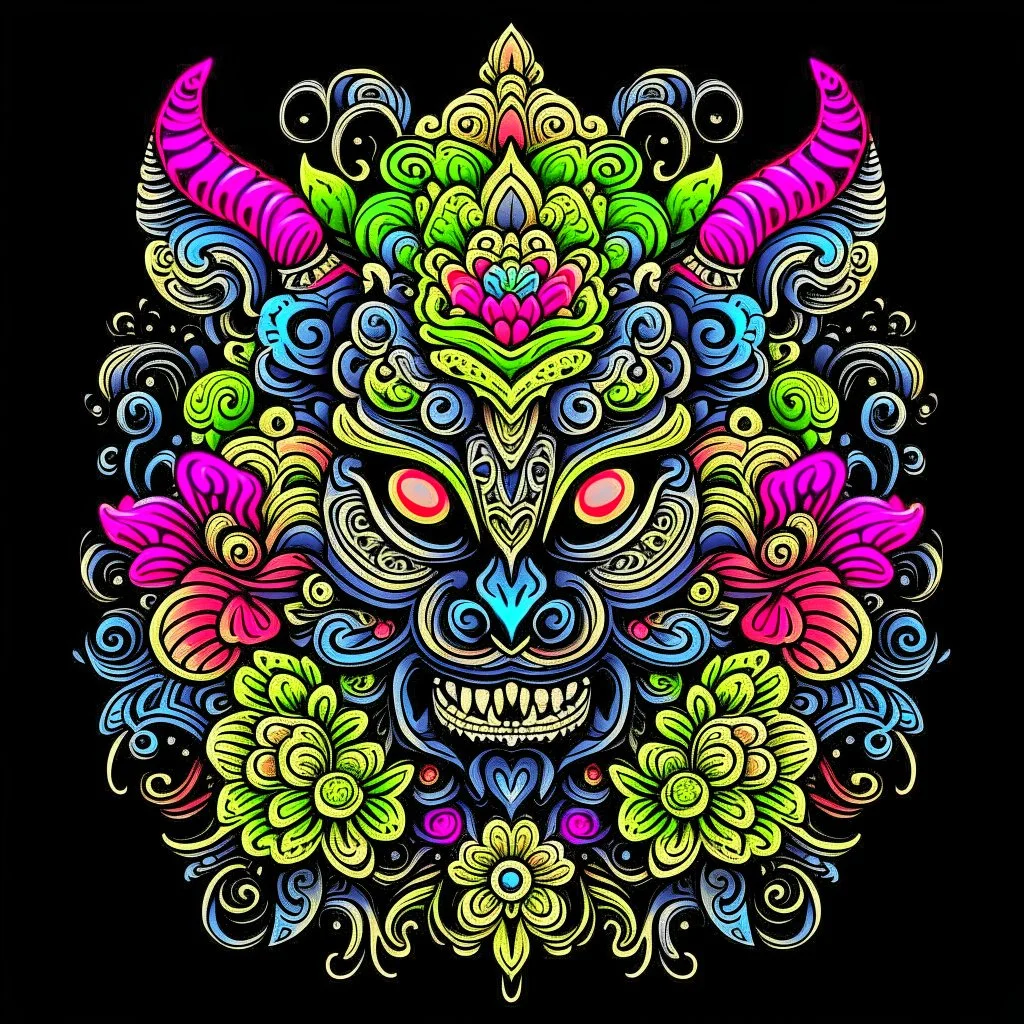 logo design, complex, trippy, bunchy, 3d lighting, Gargoyle , highly detailed face, colorful floral scarf, flowers, cut off, ancient, symmetrical, papercut