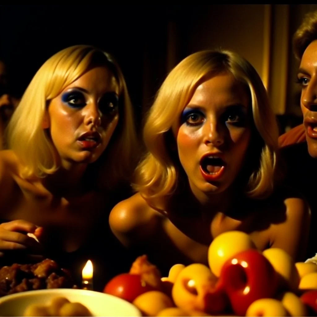 Horror movie shot, hot, ultra realistic, dine, horns, ultra chaos, realistic hot blonde women, party, pieces of meat, organs, hot dynamic, very excited people, hypermaximalist figures, light, 1970's Italian horror movie, sinister,, Dario Argento, Stanley Kubrik, ornate, 4k, photorealism