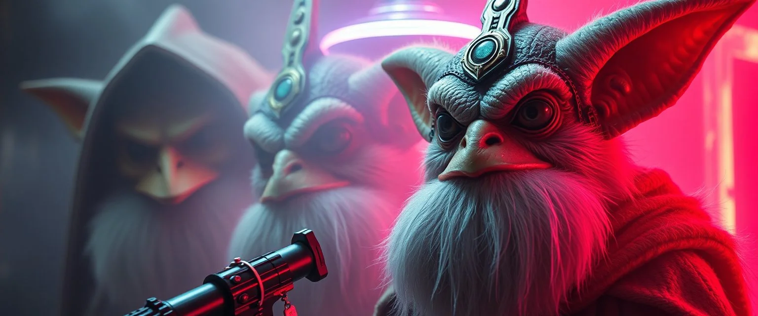 volume fog light, hyper real close up on fluffy beard faces of rock alien cricket duck priest gremlin man general with hi tech transcendent lazer plasma blaster scepter arsenal from hell, guarding bridge up to space saucer neon plastic transparent