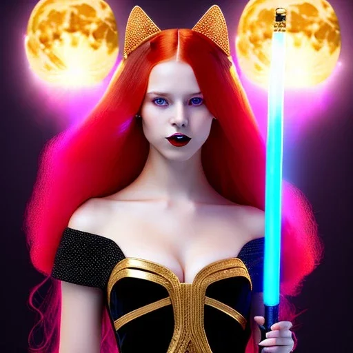 Attractive young teenage girl with golden fire red hair wearing a galactic tiara, who is dressed like a witch casting a spell holding a quarterstaff, she has cat ears and open dazzling blue eyes, has a normal nose, background is realistic space with a moon, the girl is on a planet, black goth girl dress, full body portrait, arm colors gradient effect into stars, rendered, unity 3d, unreal engine, dslr, hdr, 4k, edited, photorealistic, normal number of appendages, freckles, artists render