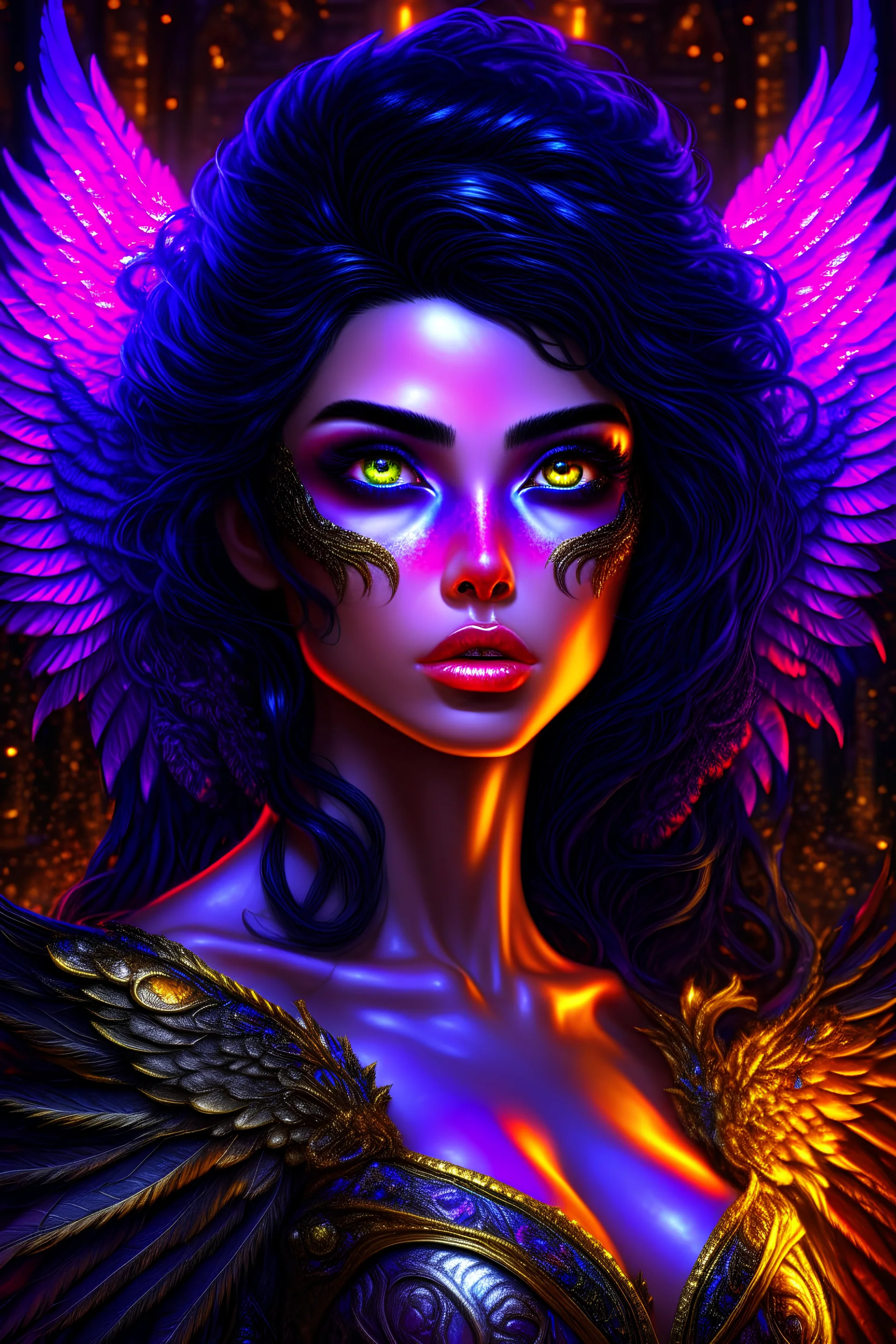 beautiful on her lower back, beautiful face, beautiful eyes, purple eyes, black hair,two wings protruding from her back, dark background, clean design, epic Instagram, artstation, splash of colorful paint, contour, hyperdetailed intricately detailed, unreal engine, fantastical, intricate detail, splash screen, complementary colors, fantasy concept art, 8k resolution, pale skin, twilight, extreme quality, extremely detailed, ultra-detailed face, ultra hd 8k, the head must be on the freame, stand